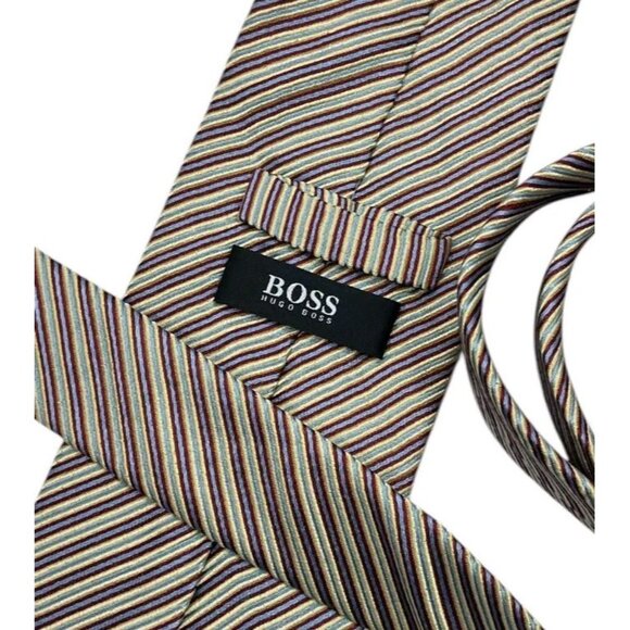 HUGO BOSS Men's 100% Silk Necktie LUXURY Tie Blue Yellow Striped W:3.6" EUC - Picture 2 of 4